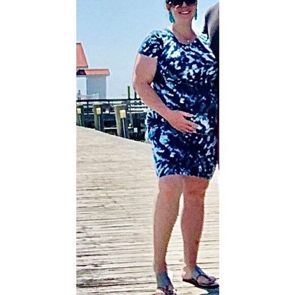 Old Navy Maternity Fitted Ruched Blue Tie-Dye Jersey Knit Dress LARGE Casual - Picture 2 of 9